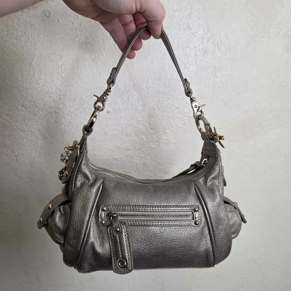 Junior Drake Metallic Leather Y2K Hobo Shoulder Bag with Hair Clips n Bag Charms